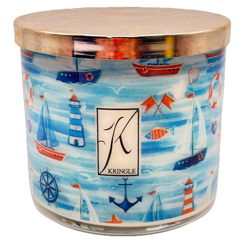 Kringle Candle Salt Water Taffy 3 Wick Painted Jar Soy Candle Nautical Boat 14oz
